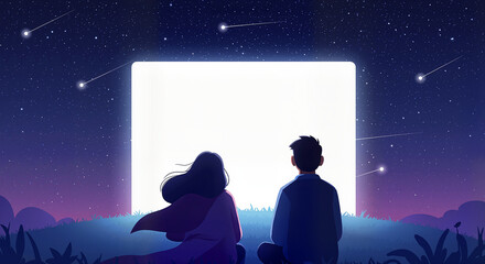 Obraz premium Couple watching movie under the stars for romantic blogs, date night promotions, and lifestyle websites