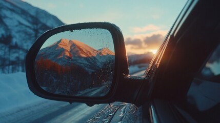 Fototapeta premium Snowy mountain reflecting in frozen car mirror at sunset during road trip