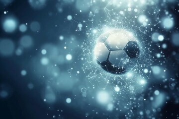 Fototapeta premium Football championship light background. Vector illustration of abstract glowing neon colored soccer ball and hexagon grid pattern over blue background