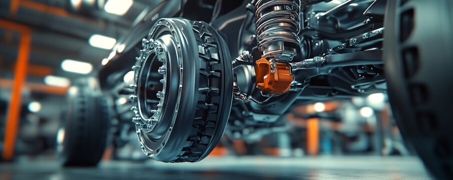 Car chassis assembly showing wheel, suspension and brake system in modern auto factory