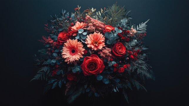 A vibrant bouquet of assorted flowers with red roses and blue-green foliage on a dark background
