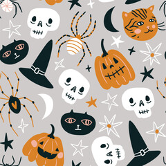 Vector Halloween seamless pattern design. Funny autumn print design. Day of the dead repeat background. Kids fabric design.