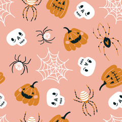 Vector Halloween seamless pattern design. Funny autumn pumpkin and sculls print design. Day of the dead repeat background. Kids fabric design.