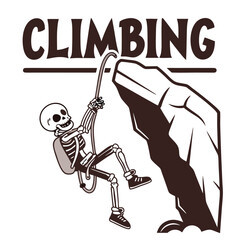 Humorous Illustration Of Skeleton Rock Climbing Adventure On High Cliff