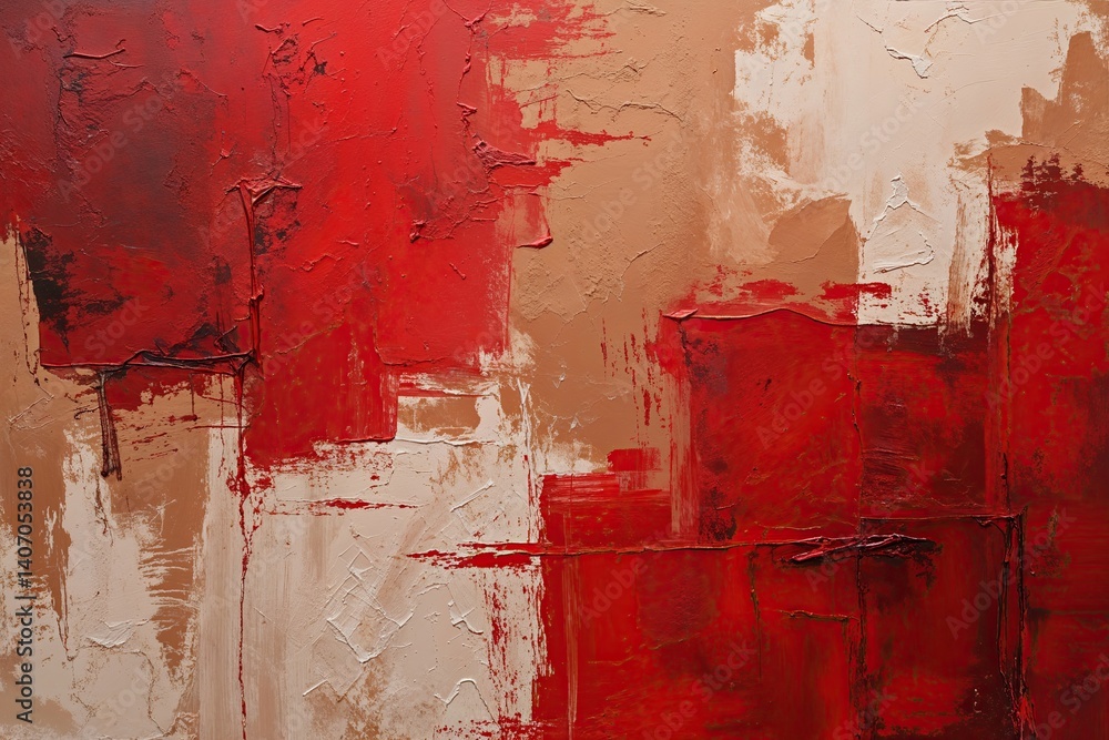 Poster abstract brush strokes on warm cherry red and beige canvas with rustic texture