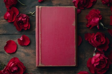 Red book surrounded by fresh red roses on a wooden table