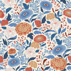 Vector floral seamless pattern in hand-drawn style. Boho summer chrysanthemum flowers repeat background. Botany Chinese chrysanthemum seamless fabric design.
