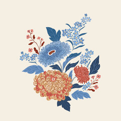 vector chinese chrysanthemums illustration. Stylish vector flowers isolated on white background. Summer botany print design in hand-drawn style. Botanical greeting card.