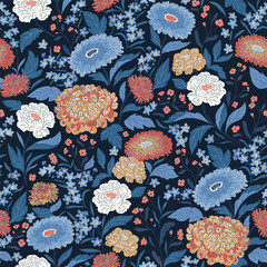 Vector floral seamless pattern in hand-drawn style. Boho summer chrysanthemum flowers repeat background. Botany Chinese chrysanthemum seamless fabric design.