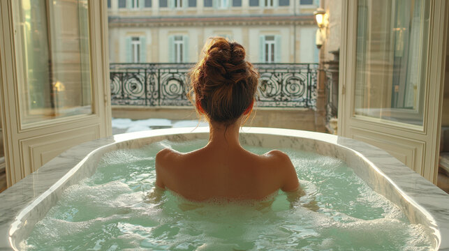 Sophisticated woman enjoys a tranquil soak in a marble bathtub with soft light streaming through windows
