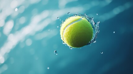 Floating tennis ball on a blue background appearing weightless and surreal artistic concept