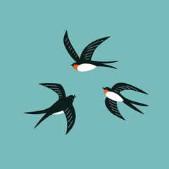 Stylized swallows on turquoise background. Vector isolated bird illustration. Animal design.