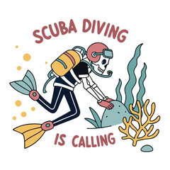 Cartoon Skeleton Scuba Diver Exploring Sea Life Artwork Illustration Graphic Design
