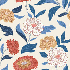 Vector floral seamless pattern in hand-drawn style. Boho summer chrysanthemum flowers repeat background. Botany Chinese chrysanthemum seamless fabric design.