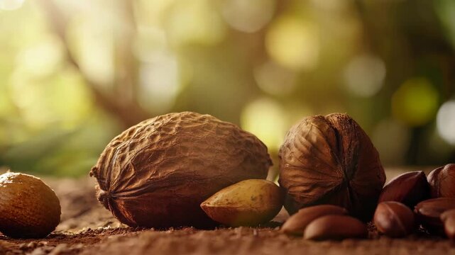 A bunch of nuts and seeds are on a table. The nuts include almonds, cashews, and walnuts. The image has a warm and inviting mood, with the nuts