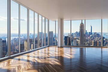 Fototapeta premium Empty luxury apartment with floor-to-ceiling windows and cityscape view