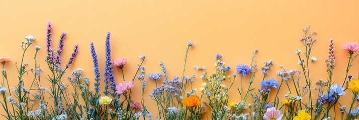 Colorful spring flowers arranged in a flat lay composition on a pastel background banner, featuring ample copy space for text. This vibrant flat lay of diverse wildflowers set against a rainbow-colore