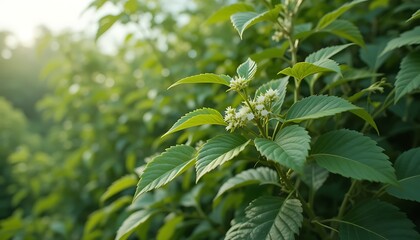 Fototapeta premium Lush Green Foliage with Delicate White Blooms: A Serene Natural Image