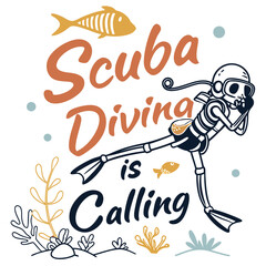 Scuba Diving Illustration Featuring Diver Skeleton Undersea Flora And Fauna Invitation Poster