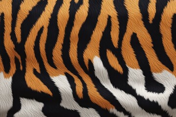 Fototapeta premium Tiger skin texture with copy space. Close-up tiger pattern. Big Cat fur. Tiger stripes. Realistic tiger skin. Tiger design texture. Detailed tiger skin close-up. Wild Animal texture.