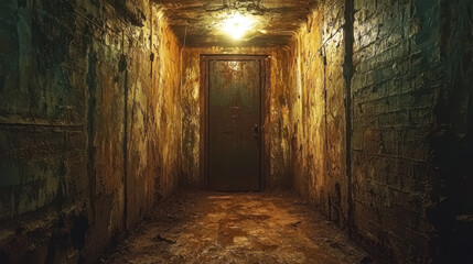 Obraz premium Survivors navigate dimly lit underground bunkers searching for supplies in a radiation-proof shelter