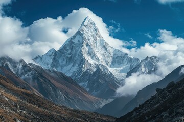 Fototapeta premium Majestic snow-covered mountain peak under clear blue sky