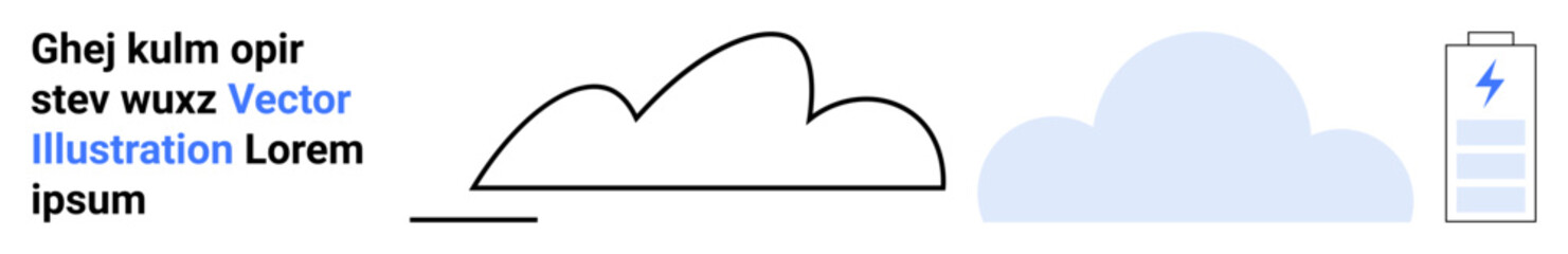 Cloud outline next to a filled cloud graphic and battery with energy symbol. Ideal for innovation, energy, technology, cloud computing, sustainability, future, simple landing page