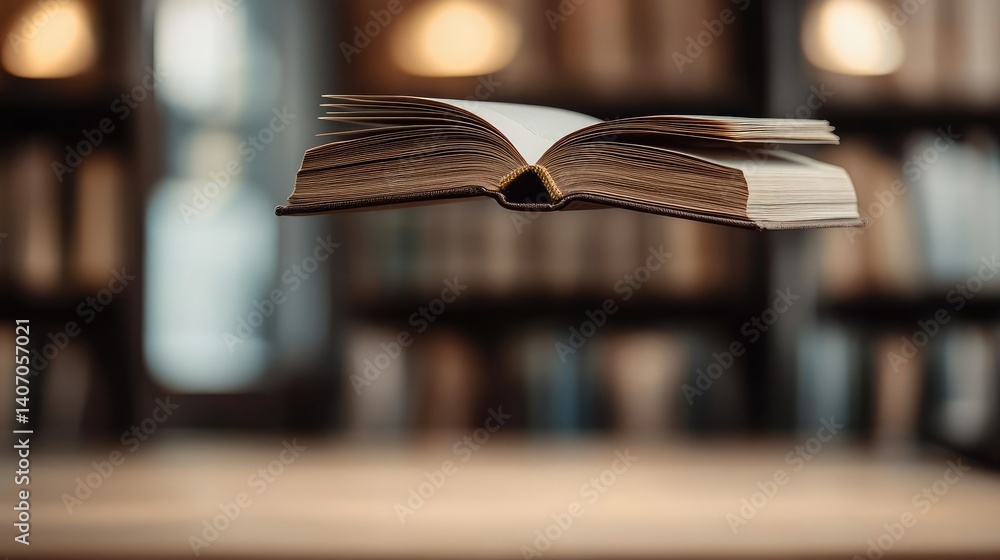 Poster books floating in the air with surrealism and float concept. an open book floating in a cozy library