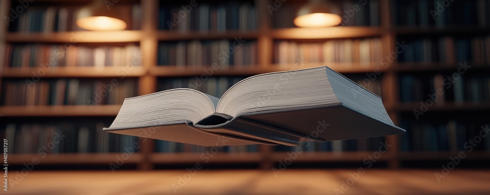 Poster books floating in the air featuring bookshelves and surrealism concept. a floating open book in a li