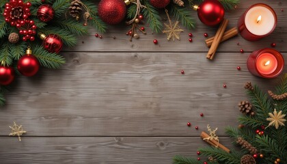 Festive Christmas Decorations With Ornaments Candles and Pine Branches on a Rustic Wooden Background