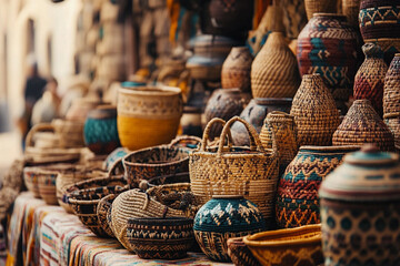 Colorful woven baskets fill the stalls of a vibrant traditional marketplace in the afternoon sunlight