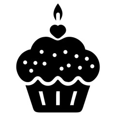 A simple silhouette cupcake icon with a candle and dotted sprinkles