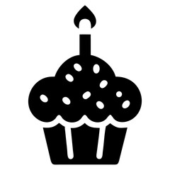 A simple silhouette cupcake icon with a candle and dotted sprinkles