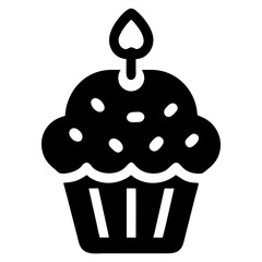 A simple silhouette cupcake icon with a candle and dotted sprinkles