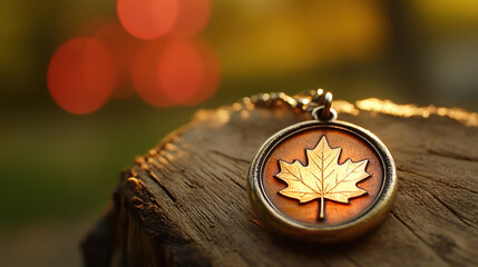 Glowing maple leaf pendant on rustic wood, warm sunlight and soft bokeh, embodying Canadian pride and serenity.