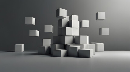 Abstract 3D render: Stacked and floating grey cubes create a minimalist geometric composition. Concept for construction, data blocks, organization, or instability on a monochrome studio background.