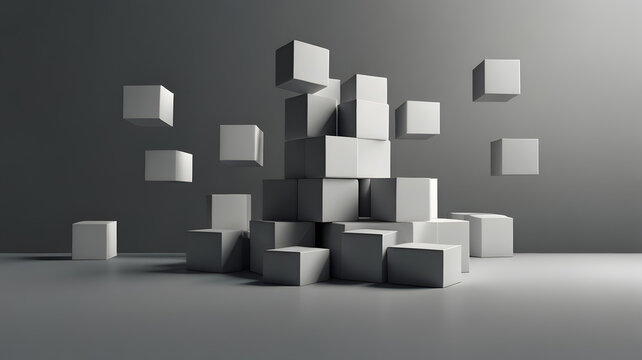 Fototapeta Abstract 3D render: Stacked and floating grey cubes create a minimalist geometric composition. Concept for construction, data blocks, organization, or instability on a monochrome studio background.