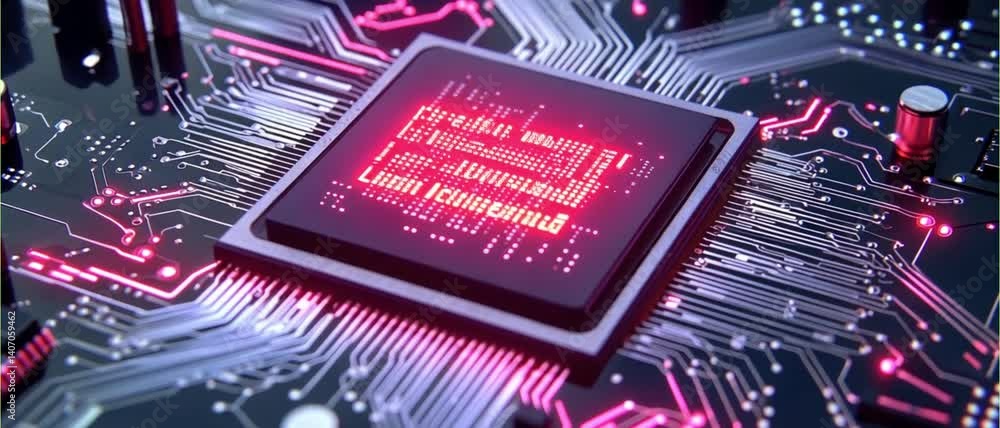 Poster close-up of a computer microchip: glowing red circuitry and advanced technology