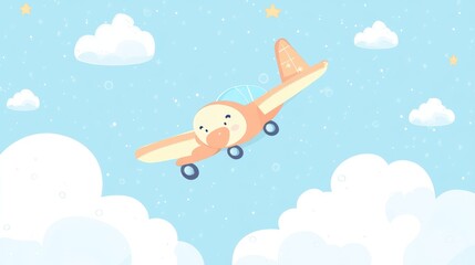 Cute cartoon plane flying through clouds at night. Ideal for children's books or apps