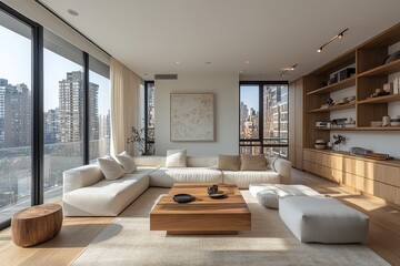  Minimalistic living room with light wood cabinets, large window, neutral color scheme, and modern furniture in an apartment with NYC views.