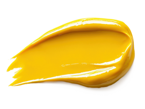 Mustard being squeezed into a playful shape on a clean white backdrop, crisp and isolated for use in advertising or menu designs