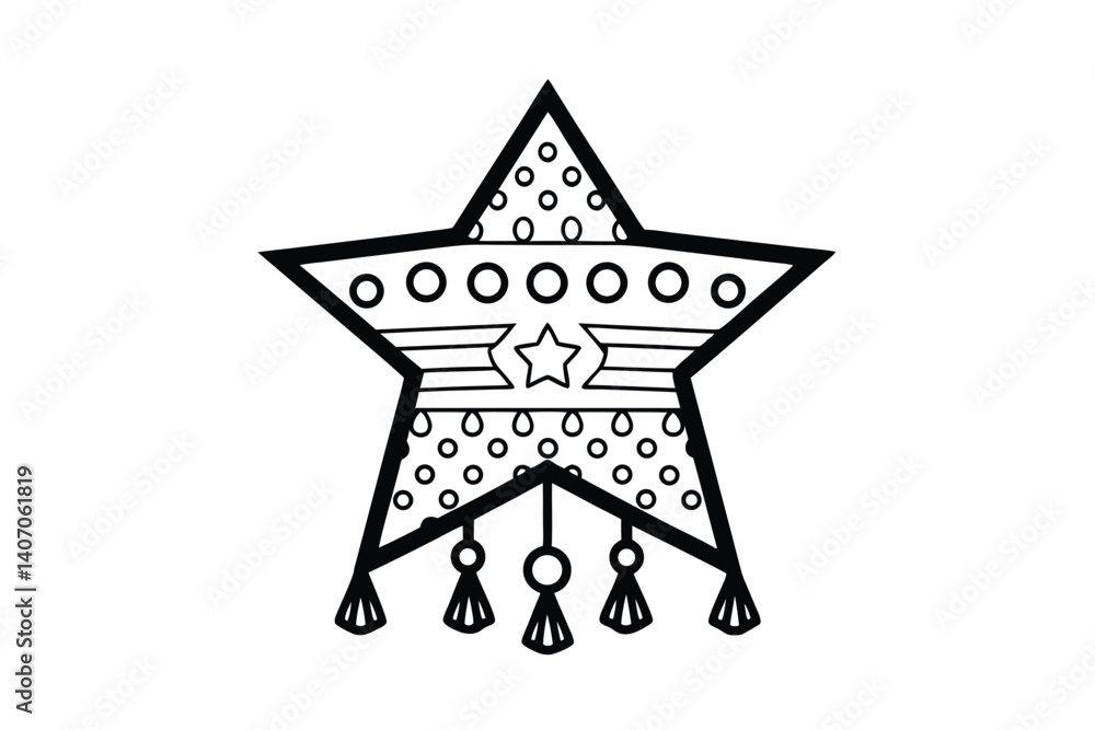 Poster black and white five pointed star with dangles and circle pattern illustration