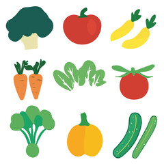 Simple flat 2D icon vegetable set isolated on transparent background, vector, flat design, vector, animation design, simple flat 2D icon, minimalist design, clipart