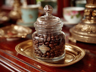 Fototapeta premium A stylish container filled with fresh coffee beans, emphasizing scents
