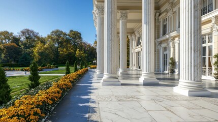 Obraz premium Elegant colonnaded porch of a grand mansion overlooking a manicured garden