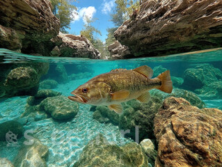 Fototapeta premium A stunning image of a smallmouth bass swimming in clear water