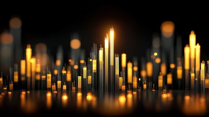 Abstract city skyline formed by clusters of golden candlelight against black background, creating upward growth chart in yellow symbolizing financial success and stock market trends.