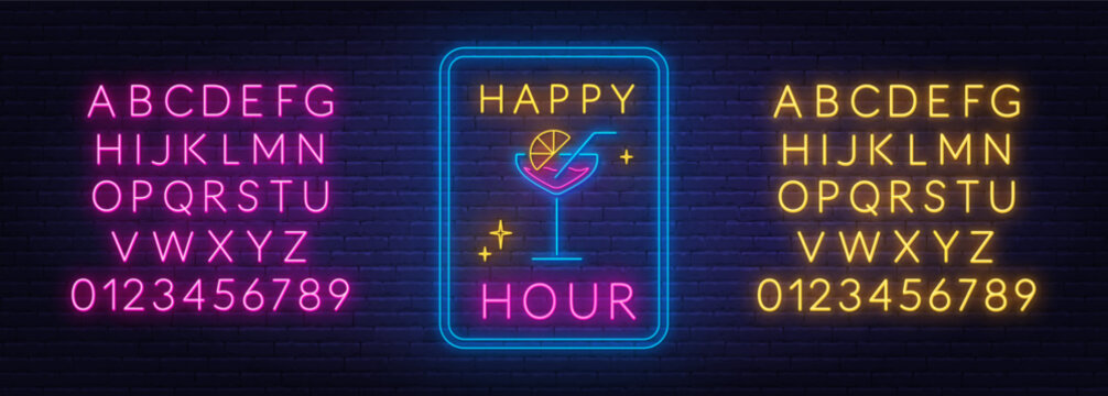 Happy Hour with cocktail neon sign on brick wall background