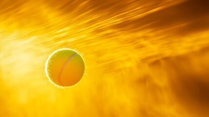 The perfect motion of a tennis ball spinning through the air with a vibrant golden backdrop