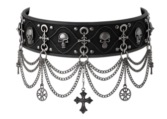 This striking choker necklace features a gothic design with unique embellishments, including skulls and crosses. Made with high-quality materials, it showcases intricate chain PNG transparent